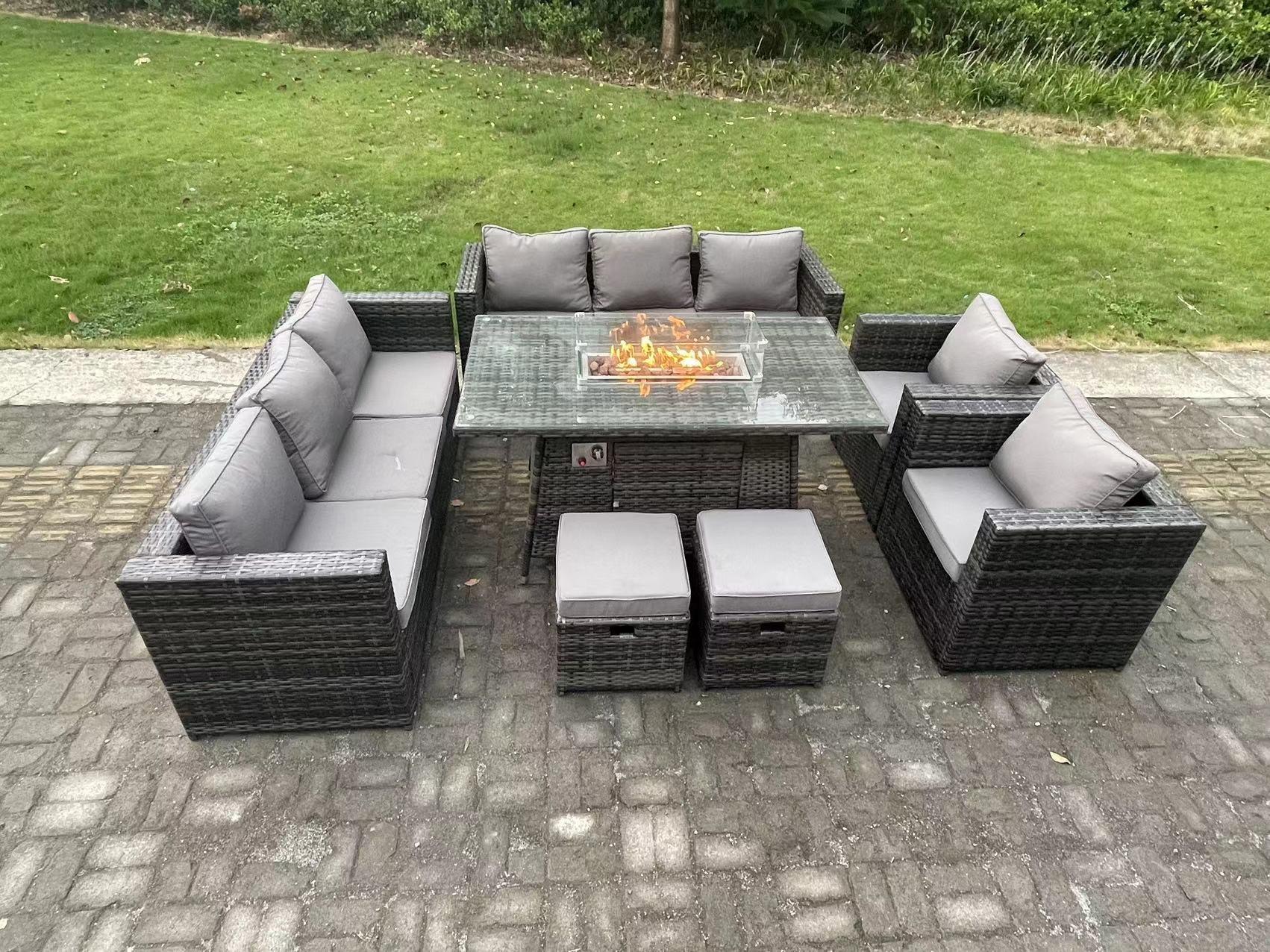 Rattan Gas Fire Pit Dining Table Sets Heater Lounge Chairs 10 Seater